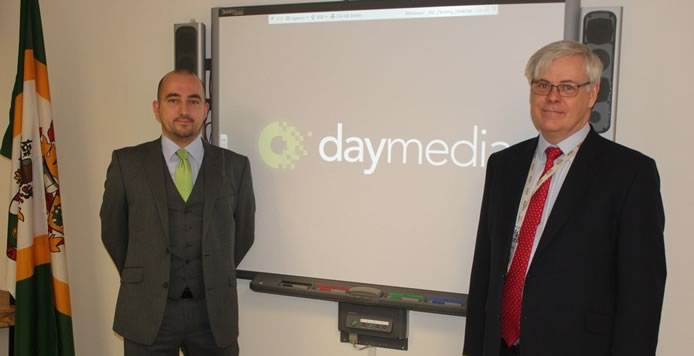 Photograph of Chris Day and Ralph Raynor following the pitch at Stevenage Borough Council